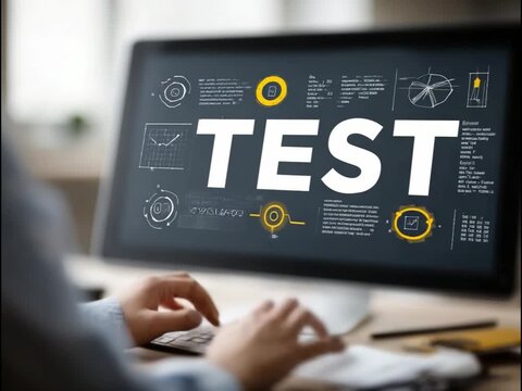 Test Examination on Display: Focused hands at the desk engage with technology, typing, and navigating a screen displaying the bold word TEST, accompanied by graphic elements.