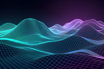 Abstract digital landscape of glowing neon topography with a gradient of teal to purple hues