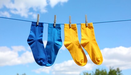 Colorful socks drying on a clothesline against a partly cloudy sky