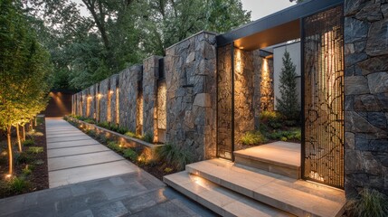 Pathway leading to an entrance framed by stone walls with integrated lighting & ornamental details