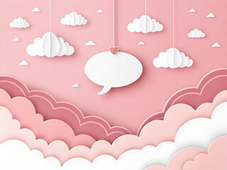 Paper Art White Clouds and Speech Bubble on Pink Background