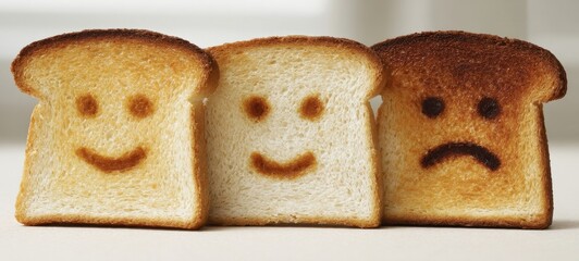 The toasted bread trio showcasing emotions with smiles and a frown.