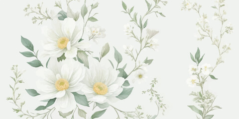 Romantic Watercolor Floral Illustration Set with Ivory Blooms, Butter Yellow Petals, Dusty Green Foliage, and Dusty Blue Details Isolated on Transparent Background
