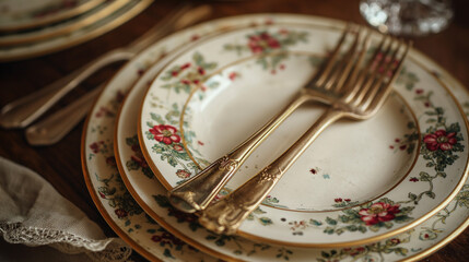 Elegant antique floral patterned dinner plates with ornate gold fork