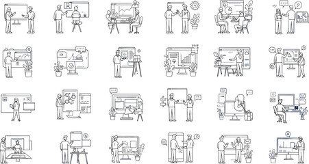 Business presentation vector illustrations, data marketing planning, corporate collaboration, line art style, workplace communication

 flat vector illustration