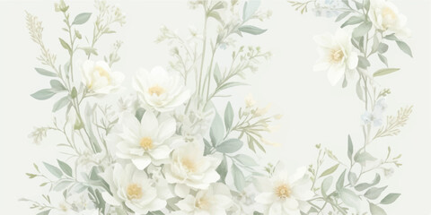 Fototapeta premium Romantic Watercolor Floral Illustration Set with Ivory Blooms, Butter Yellow Petals, Dusty Green Foliage, and Dusty Blue Details Isolated on Transparent Background 