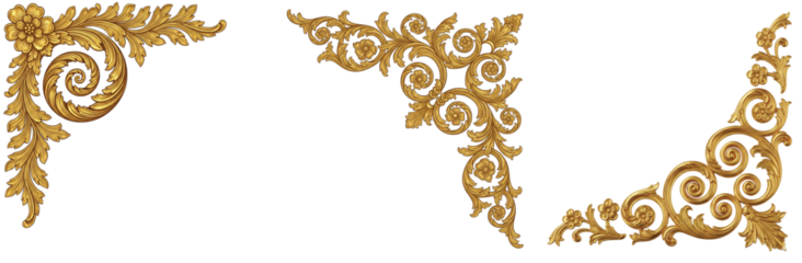 Comprehensive Set of Isolated Golden Rococo and Baroque Corner Designs, Featuring Elaborate Floral Motifs and Graceful Scrolls, Ideal for Grand and Traditional Embellishments