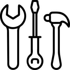 Vector collection of hand tools for repair, including hammer, screwdriver, pliers, and wrench, as a hardware icon set