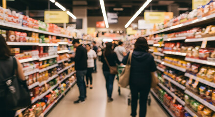 Inside a bustling supermarket, shoppers navigate aisles filled with goods.