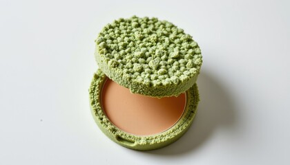 a high resolution, ultra sharp isolated makeup compact made from mycelium foam, placed on a pure white background with no shadow or minimal soft shadows only