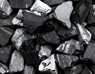 Monochromatic texture of charcoal pieces with nuanced gradients and raw patterns