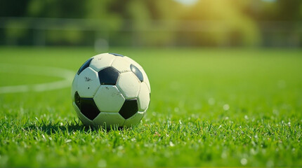 Fototapeta premium Classic soccer ball rests on vibrant green grass ready for athletic competition and teamwork