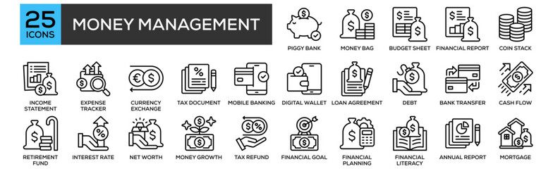 Money Management icon collection set. Containing design Piggy Bank, Money Bag, Budget Sheet, Financial Report, Coin Stack