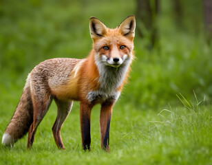 Obraz premium A red fox is between the green grass in the forest. red fox in the green forest.