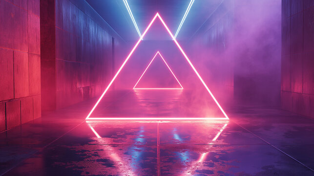 Geometric neon triangle portal with pink and blue lights reflecting on wet floor