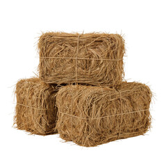 "Stacked Hay Bales Bound with Twine Against a White Background"