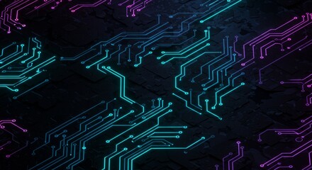 Futuristic-style isometric circuit board background, glowing lines, dark theme with bright contrast.