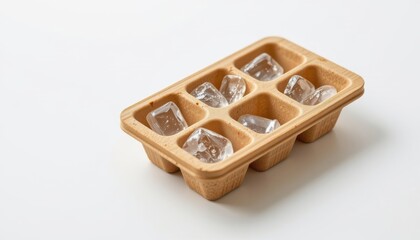 a high resolution, ultra sharp isolated ice cube tray made from palm fiber mesh, placed on a pure white background with no shadow or minimal soft shadows only
