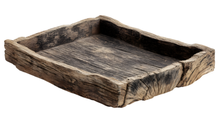 A rough-hewn wooden tray, with raised edges and visible wood grain, ideal for serving or display in a rustic setting, isolated on a pure Transparent background.