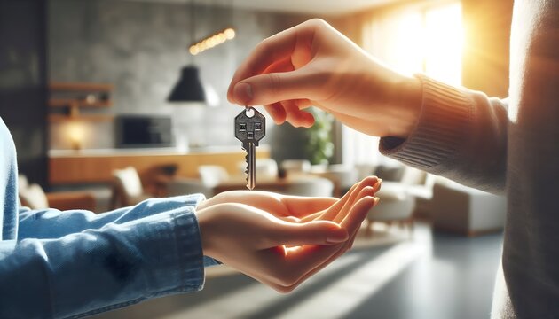 Key exchange between buyer and agent, focus on hands and keys with blurred background of contemporary home, conveying success and new beginnings