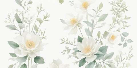 Transparent Watercolor Floral Pack – Ivory and Butter Yellow Flowers with Dusty Green and Blue Botanical Accents for Wedding and Design
