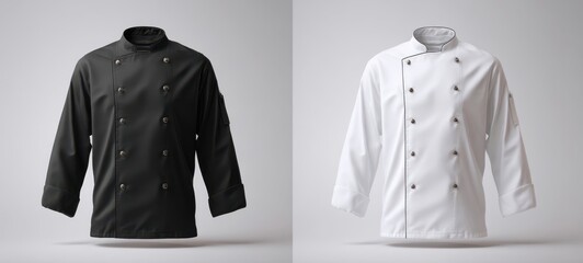The stylish chef jackets in contrasting black and white designs.
