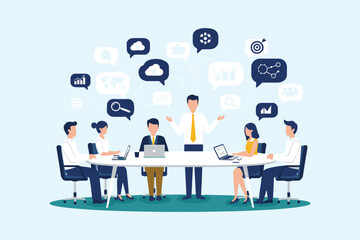 Business team meeting for strategic planning, global fostering effective communication and collaborative innovation towards shared goals. flat vector illustration