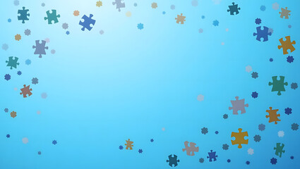 Abstract background with scattered colorful puzzle pieces floating over a soft gradient surface. Blue tones dominate the background, symbolizing World Autism Awareness Day. Simple and elegant composit