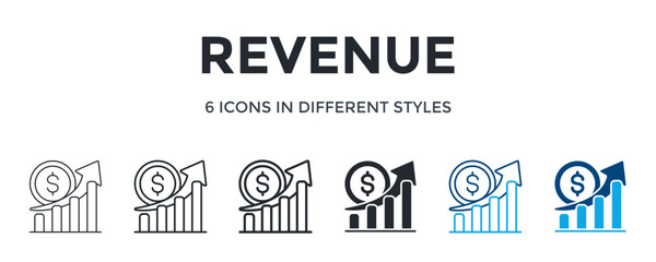 Revenue Icon In Different Style Vector Illustration. Designed In Thin Line, Regular Line, Bold Line, Glyph, Color Line, And Color Glyph Style Can Be Used For Web