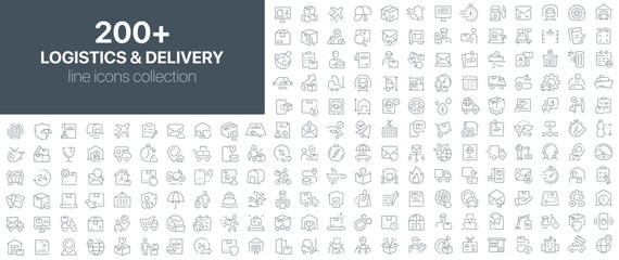 Logistics and delivery line icons collection. Set of outline icons for shipping, courier service, warehouses, packing, air and ground transportation, and tracking systems