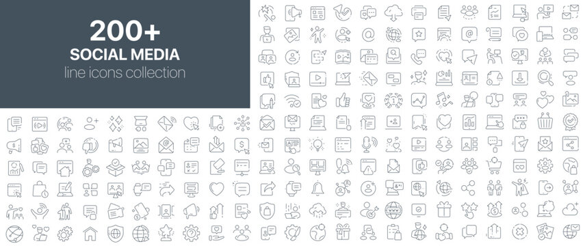 Social media line icons collection. Thin line icons for digital interaction, messaging, online content sharing, likes, comments, followers, and communication platforms