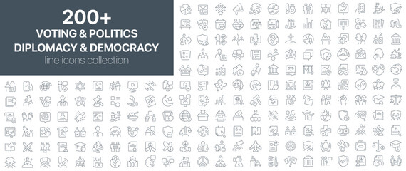 Politics and diplomacy icons collection with voting, elections, democracy, government, law, rights, public speaking, and civic engagement themes in modern outline design