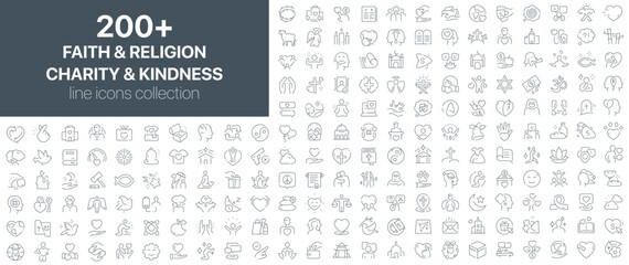 Faith and religion, charity and kindness icons collection showing prayer hands, crosses, churches, generosity, and spiritual themes in linear outline design. Ideal for non-profit and religious content