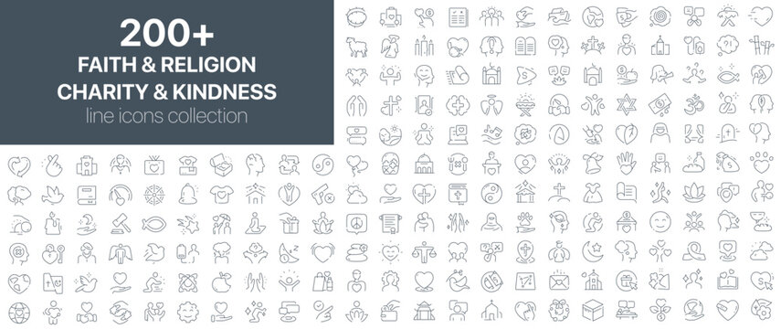Faith and religion, charity and kindness icons collection showing prayer hands, crosses, churches, generosity, and spiritual themes in linear outline design. Ideal for non-profit and religious content