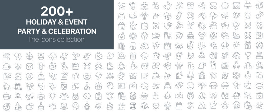 Holiday and event, party and celebration icons collection featuring New Year, Christmas, birthdays, and other festive activities in joyful outline design