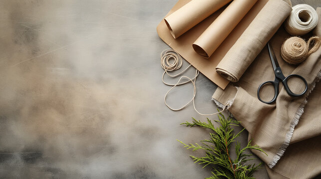 Rustic gift wrapping supplies with scissors twine and natural elements - Powered by Adobe