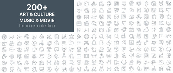 Art and culture, music and movie icons collection showcasing creativity, entertainment, performance, cinema, museum, history, and celebration symbols in linear outline style