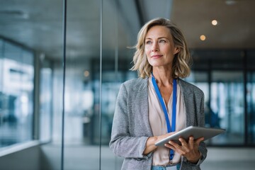 Confident Businesswoman Holding Tablet in Modern Office Environment