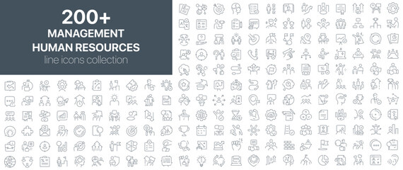 Human resources and management icons collection including teamwork, leadership, recruitment, goal setting, career development, and productivity symbols in clean linear style