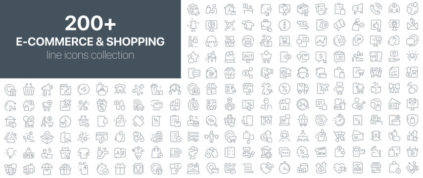 -commerce and shopping line icons collection. Line icons focused on online stores, purchases, product delivery, mobile payments, discounts, retail management, and customer interaction