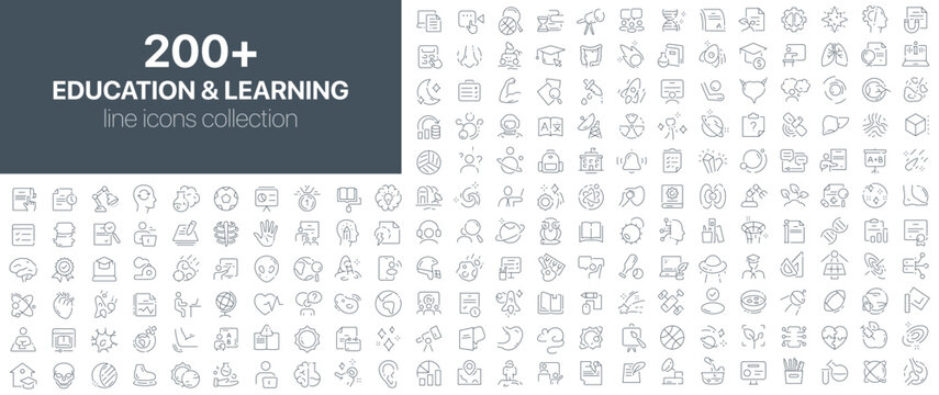 Education and learning icons collection including books, diplomas, brains, science tools, and academic symbols in minimalist linear style. Suitable for school, university, and online courses visuals