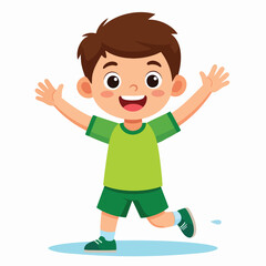 Obraz premium Cartoon illustration of a happy boy running with arms raised.