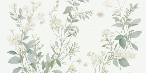 Feminine Watercolor Botanical Clipart Featuring Ivory White Blooms, Dusty Leaves, and Soft Yellow and Blue Accents on Transparent
