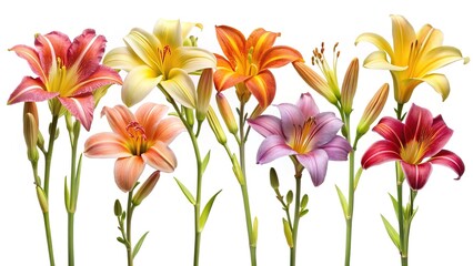 A beautiful arrangement of daylily flowers in various colors on a white backdrop