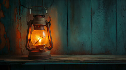 Old kerosene lantern glowing warmly against a rustic wooden background