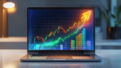 A laptop computer displays a vibrant financial growth graph with an orange upward arrow and colorful bars on its screen, set on a desk in a dimly lit room with a warm ambient glow