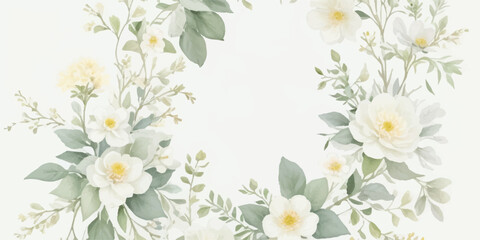 Aesthetic Watercolor Botanical Elements Featuring Ivory White Flowers, Butter Yellow Petals, Dusty Green Leaves and Dusty Blue Highlights on Transparent Background
