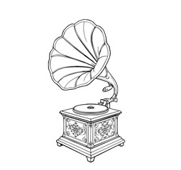 Vintage Gramophone: An elegant line art illustration depicting a detailed antique gramophone with ornate carvings and a flared horn, evoking nostalgia and classic style.