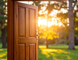 Open doorway bathed in sunlight invites to explore a serene nature landscape