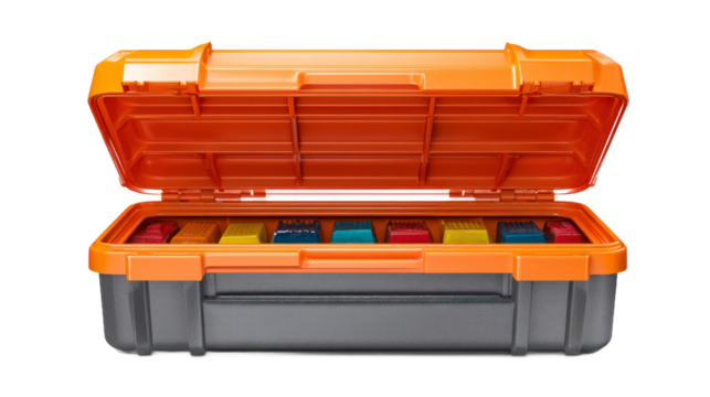 Orange storage case with colorful items - Powered by Adobe